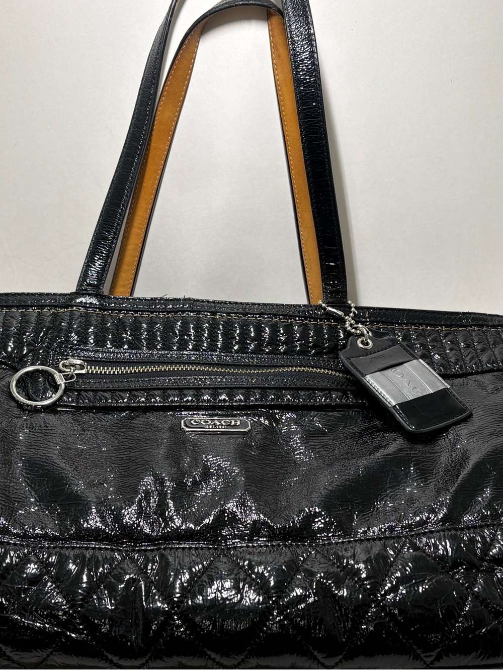 Coach, Poppy Daisy, liquid glass, black patent leather tote shoulder bag #18674